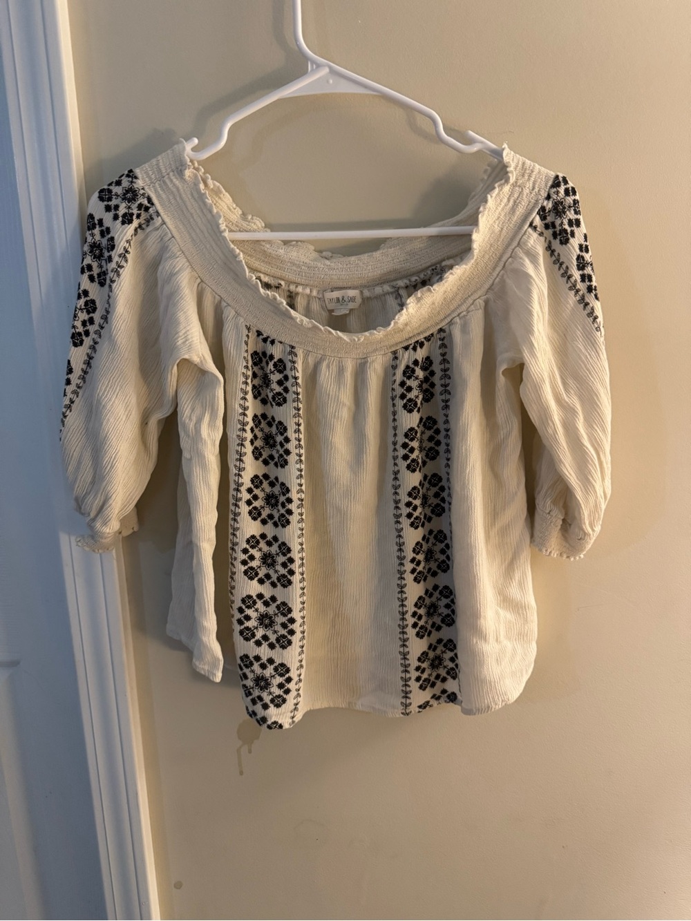 Taylor & Sage Cream Boho Off-Shoulder Top with Black Embroidery